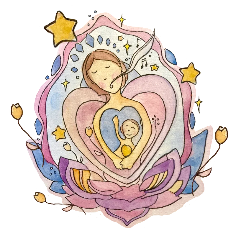 A watercolour of a mother singing to the small child held within her heart, cradled in a lotus and stars