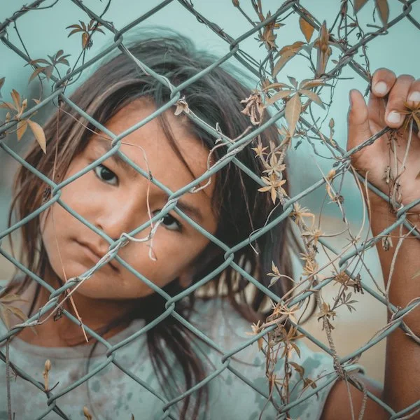 A child looking out from behind a wire fence laced with dry vines