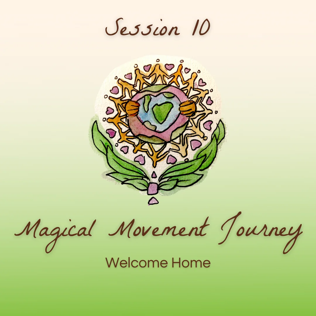 Welcome Home: A watercolor flower with people holding hands in a circle around a heart-centred Earth.