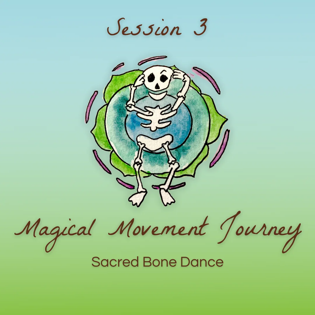 Sacred Bone Dance: A watercolor dancing skeleton inside a green-and-blue succulent rosette.
