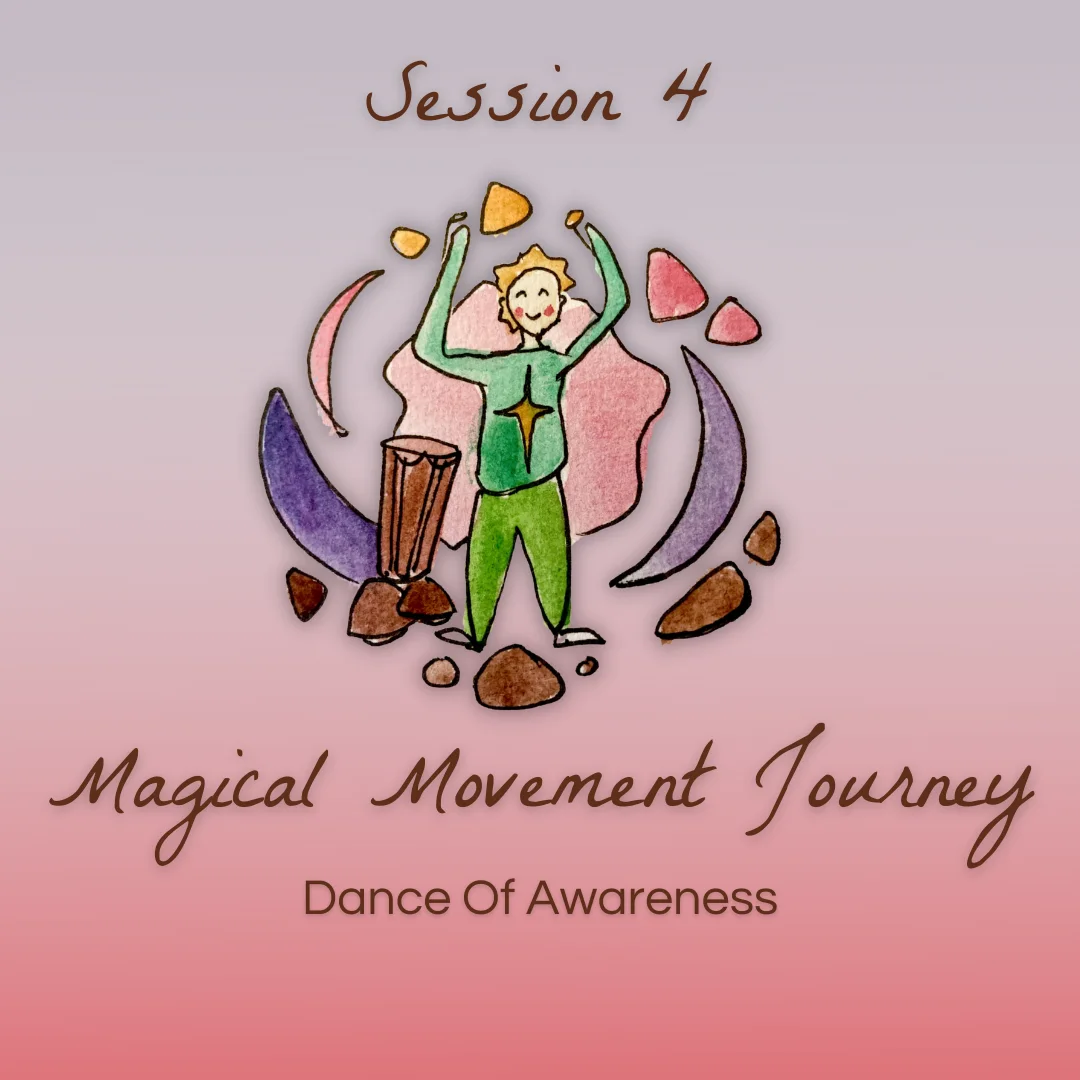Dance Of Awareness: A smiling dancer with arms raised in joy, ringed by colourful watercolor crescents and a drum.