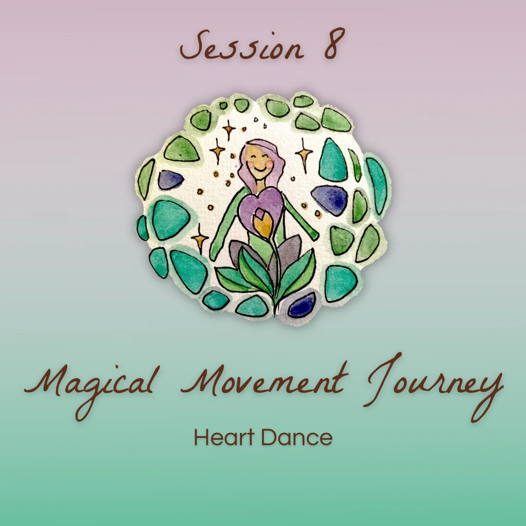 Heart Dance: A smiling woman holding a heart, blooming from a flower, framed by a wreath of leaves and gemstones.
