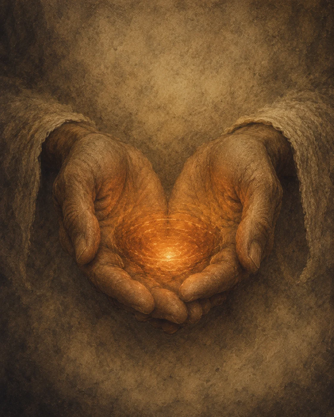 Two cupped hands holding a small, warm light.