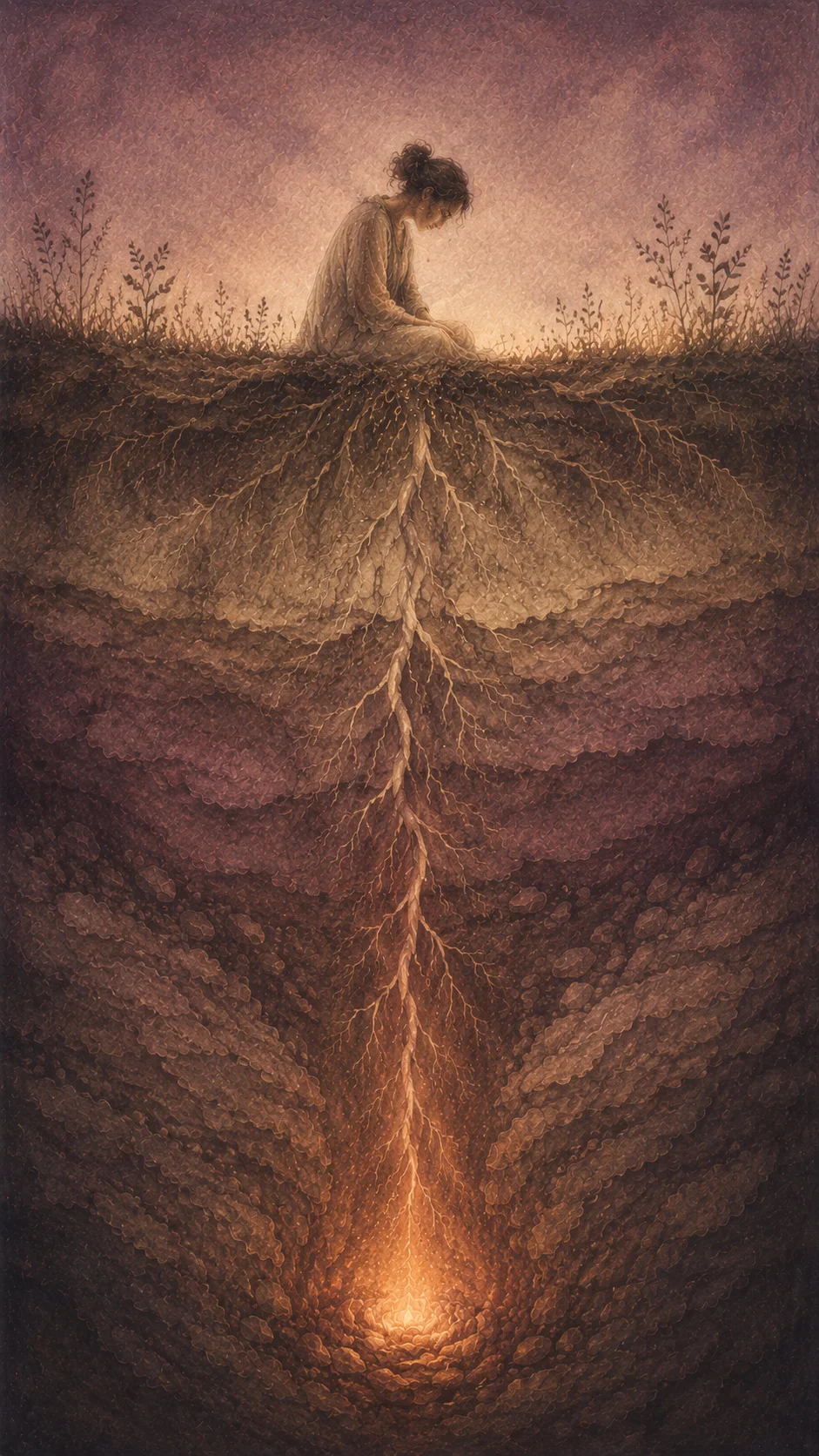 A figure with roots reaching deep into the earth, toward a small glow